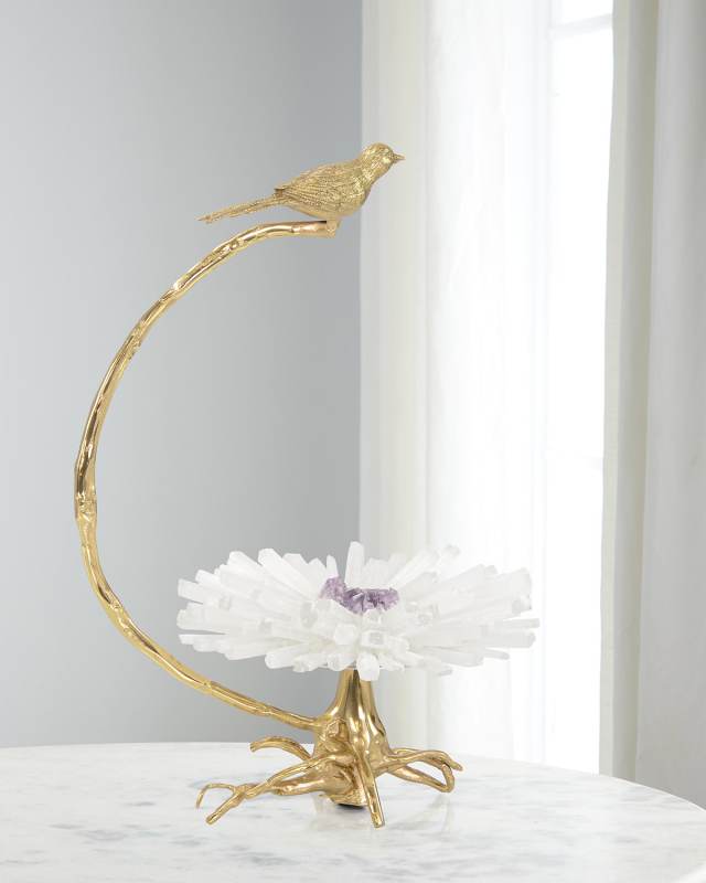 Brass Bird on Selenite Bloom Sculpture